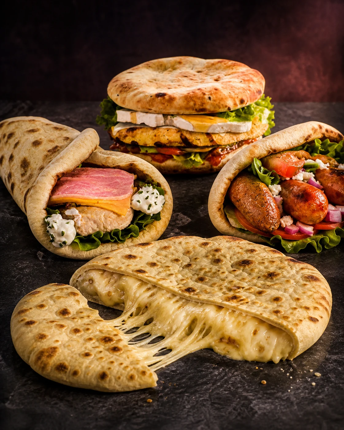 Assortiment de cheese naans et burgers naan, avec un naan au fromage ouvert