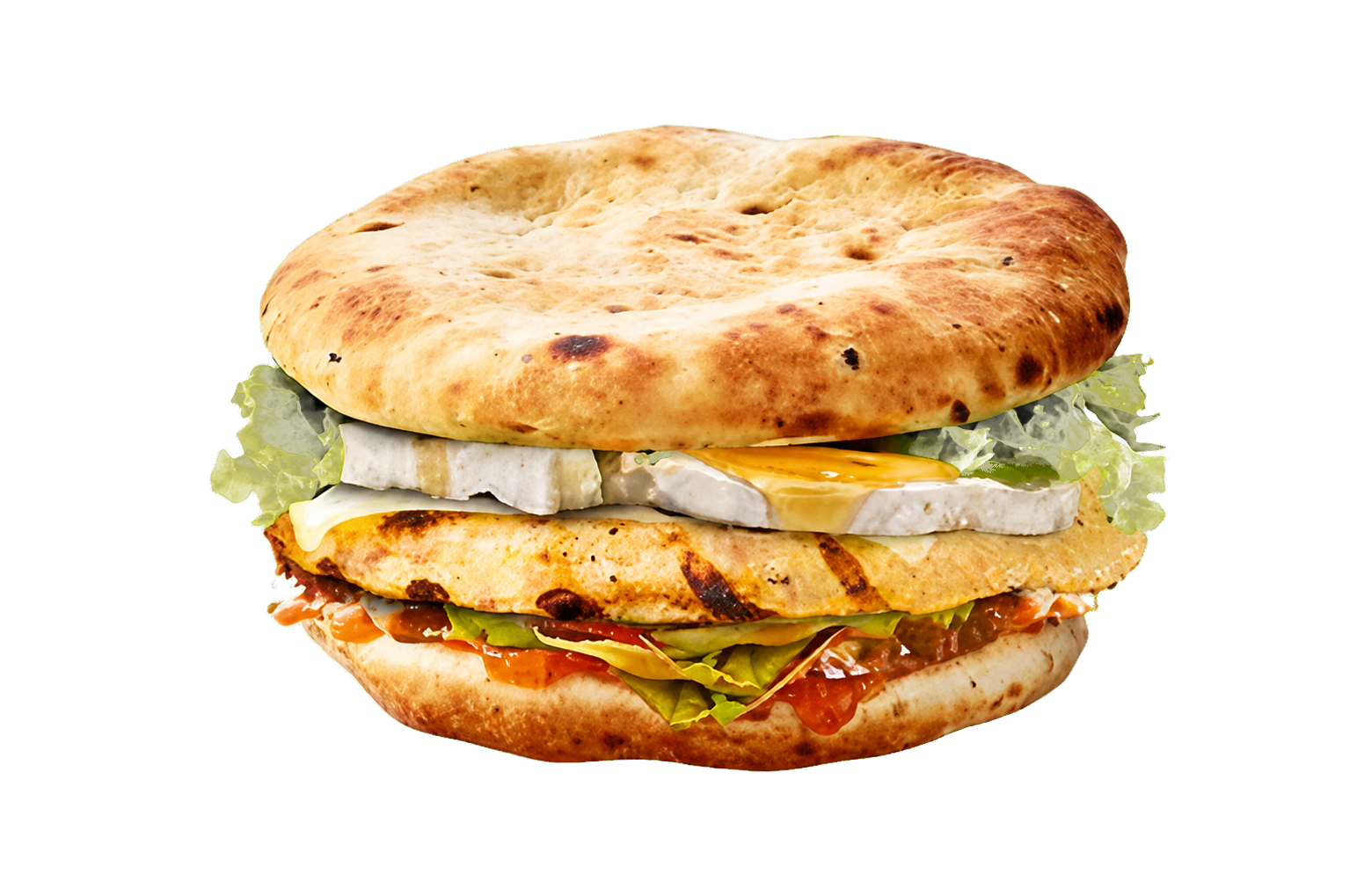Chevrette, burger naan poulet, chèvre et miel